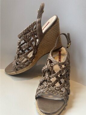 Prada Braided Leather Espadrille Wedge Sandals Taupe Brown Size 5.5-6